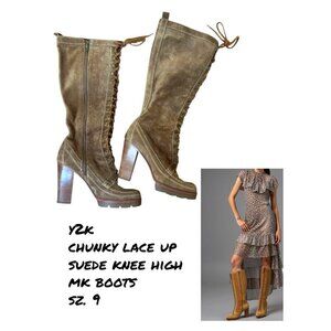 Y2K CHUNKY BROWN SUEDE LACE UP KNEE HIGH MK HEELED BOOTS‎ US SIZE 9